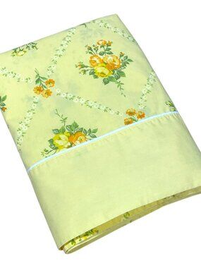 Retro Vintage Bright Yellow Floral Queen Size Flat Sheet Fabric 50% Cot/50% Poly